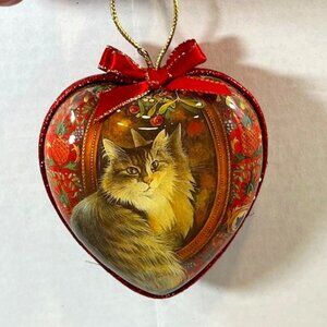 VTG Heart w/Tabby Cat in Mirror Double Sided Christmas Tree Ornament 3.75"